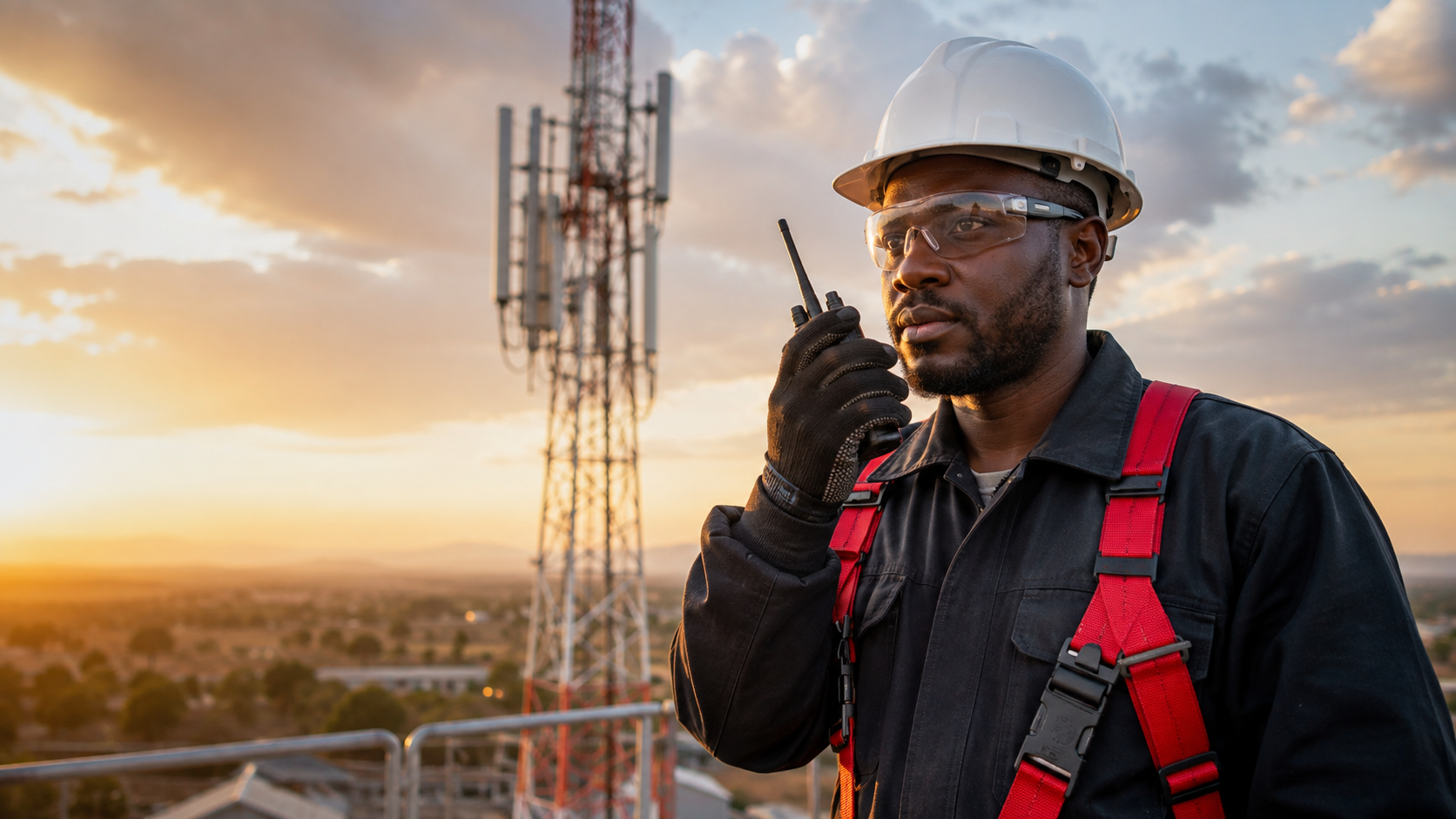 Technicien télécom NUMERITEC utilisant une radio sur un site professionnel