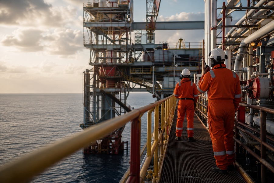 Techniciens sur une plateforme pétrolière offshore